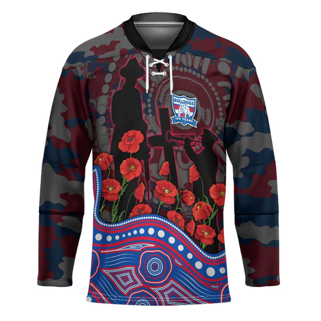 Western Bulldogs ANZAC Day Hockey Jersey Indigenous Dot Art with Poppy Flower Tribute