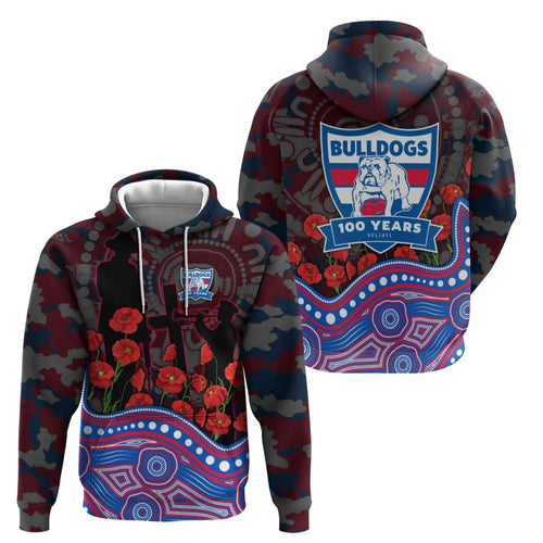 Western Bulldogs ANZAC Day Hoodie Indigenous Dot Art with Poppy Flower Tribute