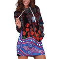 Western Bulldogs ANZAC Day Hoodie Dress Indigenous Dot Art with Poppy Flower Tribute