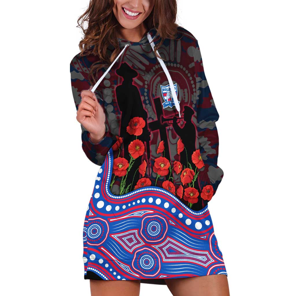 Western Bulldogs ANZAC Day Hoodie Dress Indigenous Dot Art with Poppy Flower Tribute
