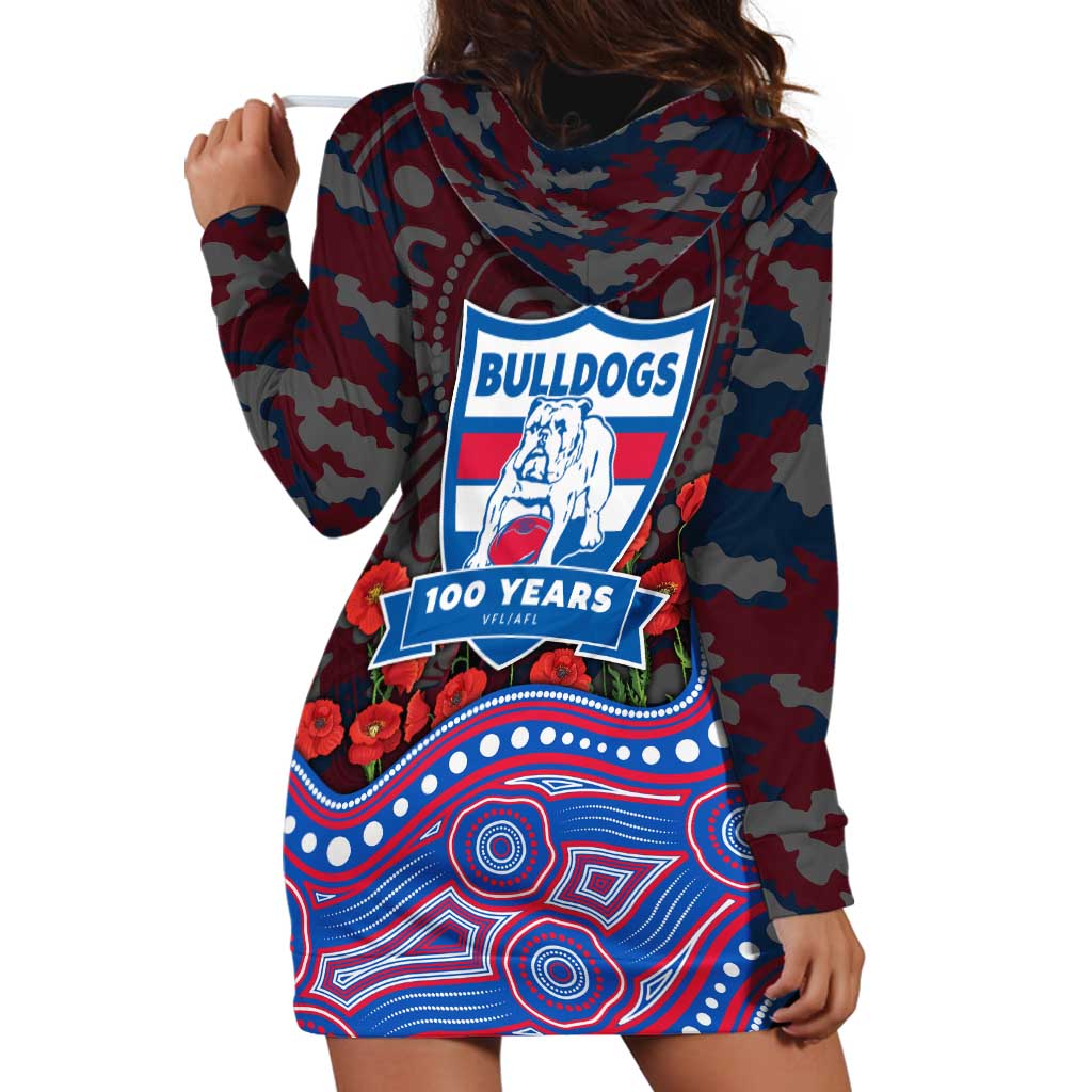 Western Bulldogs ANZAC Day Hoodie Dress Indigenous Dot Art with Poppy Flower Tribute