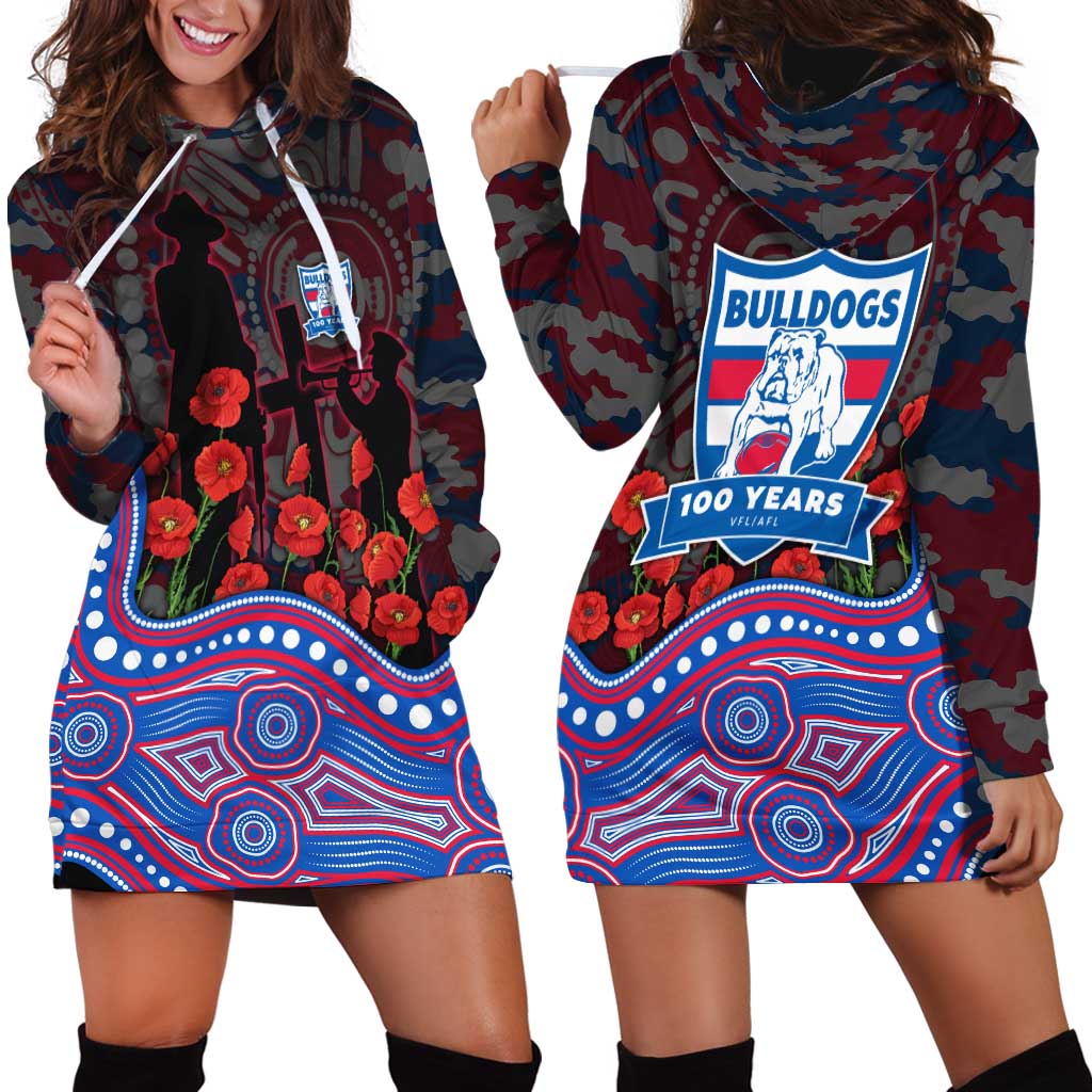 Western Bulldogs ANZAC Day Hoodie Dress Indigenous Dot Art with Poppy Flower Tribute