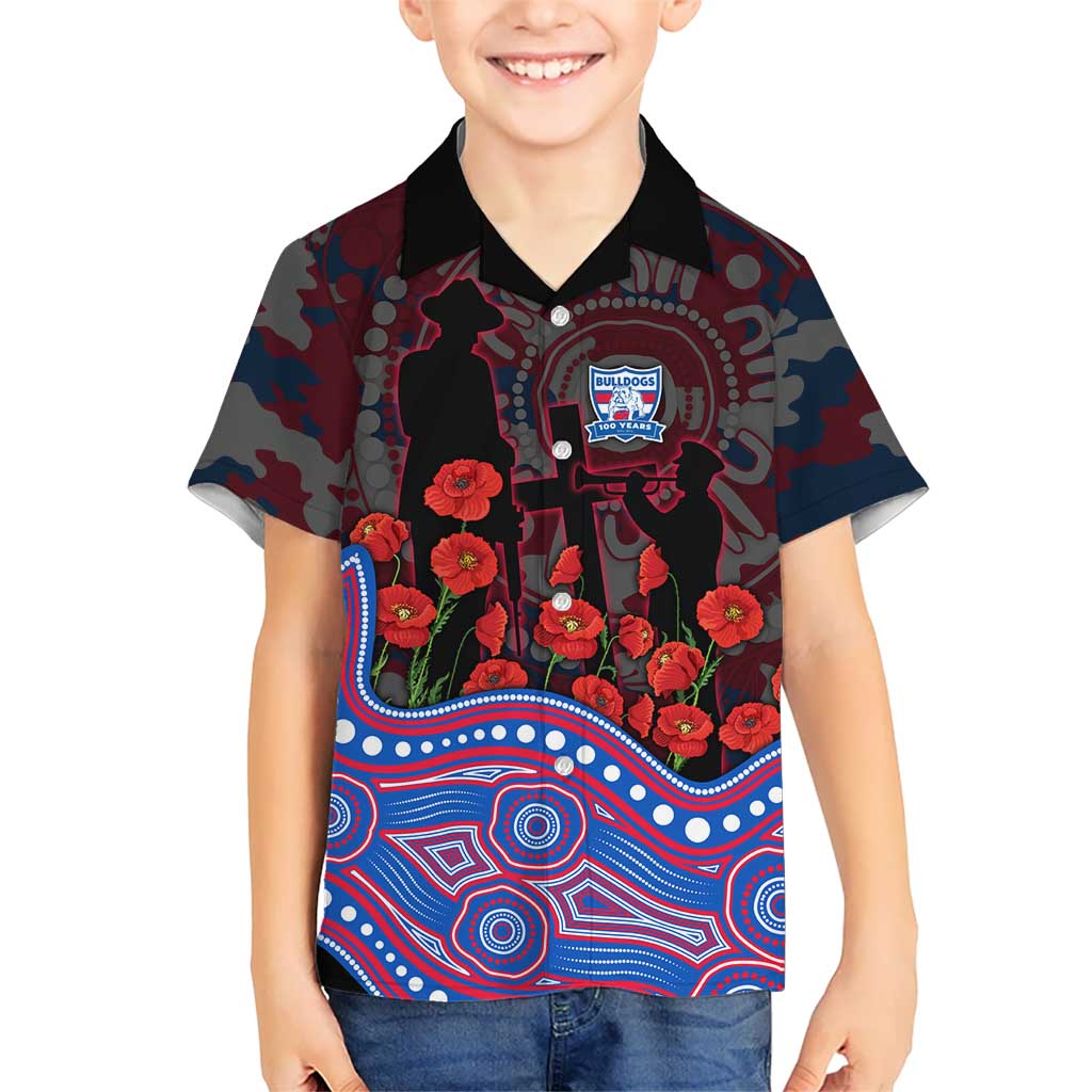 Western Bulldogs ANZAC Day Kid Hawaiian Shirt Indigenous Dot Art with Poppy Flower Tribute