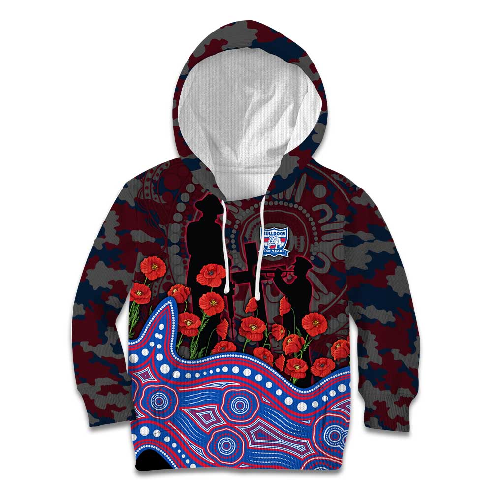Western Bulldogs ANZAC Day Kid Hoodie Indigenous Dot Art with Poppy Flower Tribute