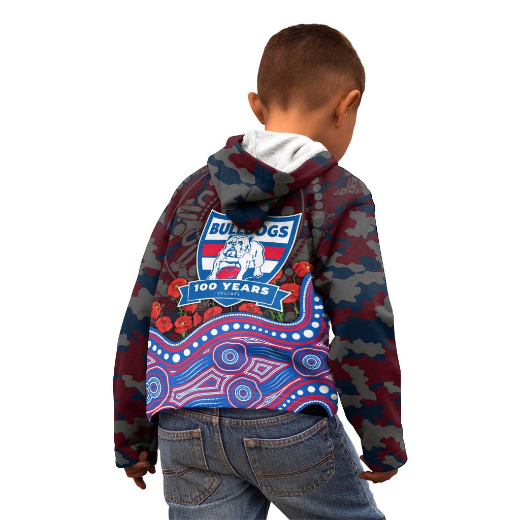 Western Bulldogs ANZAC Day Kid Hoodie Indigenous Dot Art with Poppy Flower Tribute