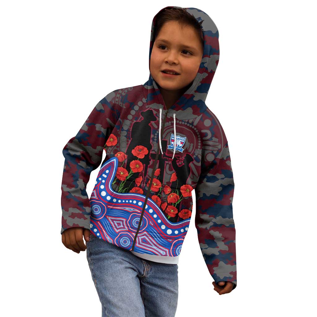 Western Bulldogs ANZAC Day Kid Hoodie Indigenous Dot Art with Poppy Flower Tribute