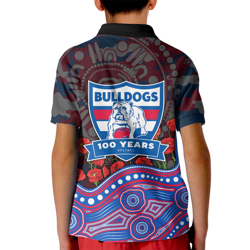 Western Bulldogs ANZAC Day Kid Polo Shirt Indigenous Dot Art with Poppy Flower Tribute