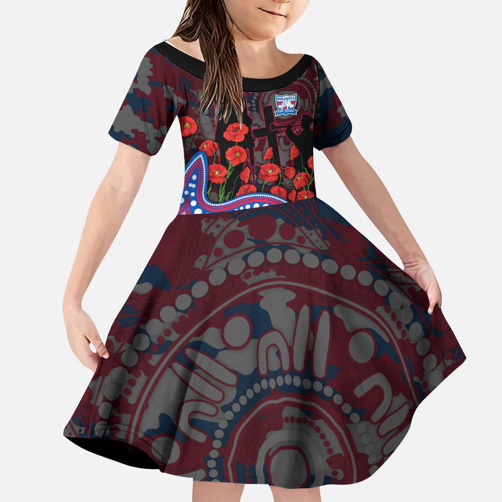 Western Bulldogs ANZAC Day Kid Short Sleeve Dress Indigenous Dot Art with Poppy Flower Tribute