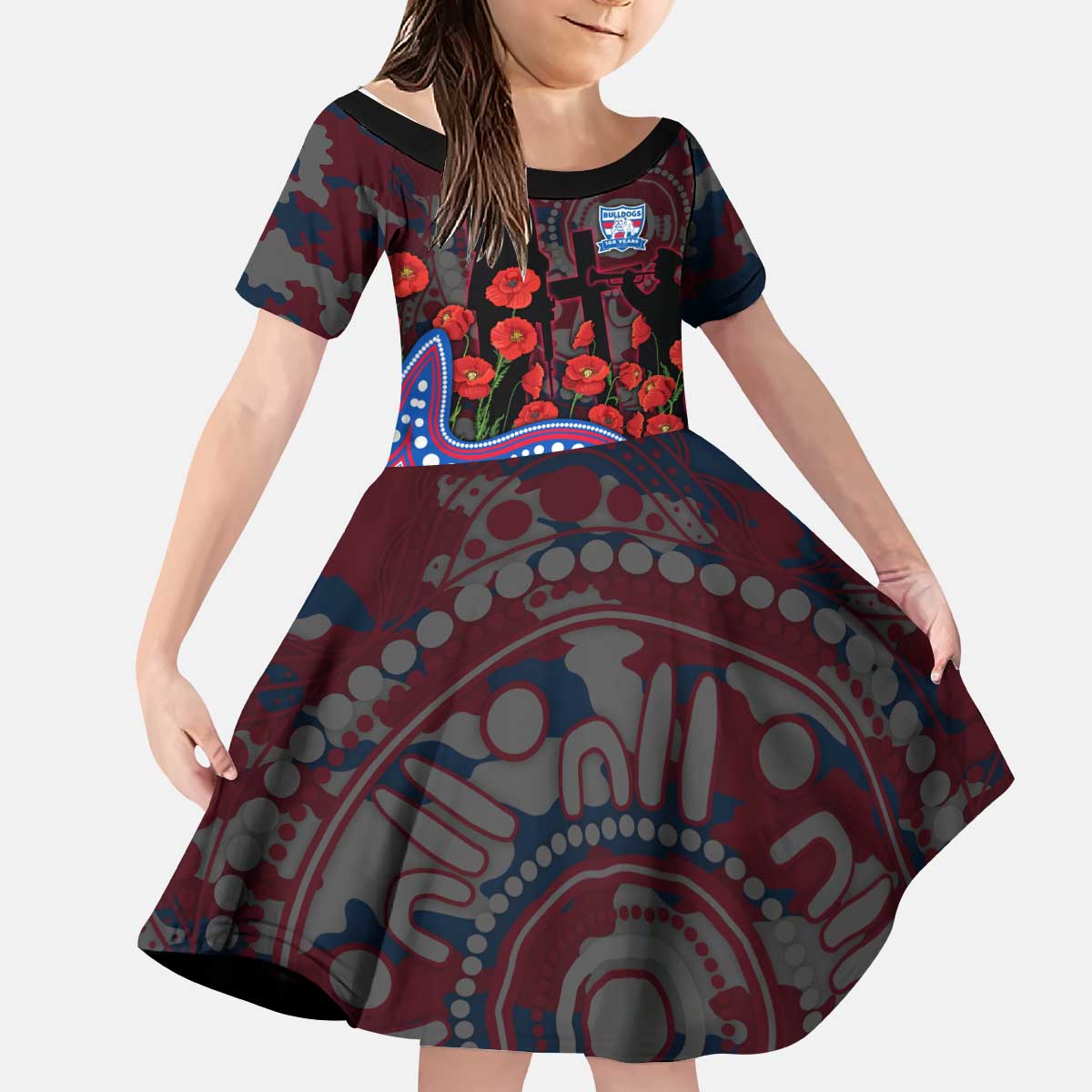 Western Bulldogs ANZAC Day Kid Short Sleeve Dress Indigenous Dot Art with Poppy Flower Tribute