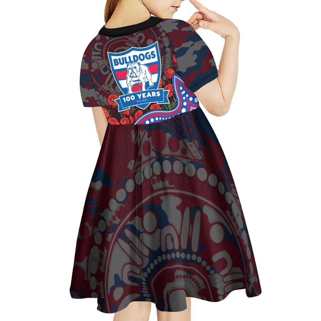 Western Bulldogs ANZAC Day Kid Short Sleeve Dress Indigenous Dot Art with Poppy Flower Tribute