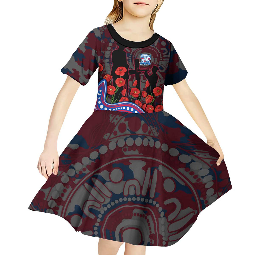Western Bulldogs ANZAC Day Kid Short Sleeve Dress Indigenous Dot Art with Poppy Flower Tribute