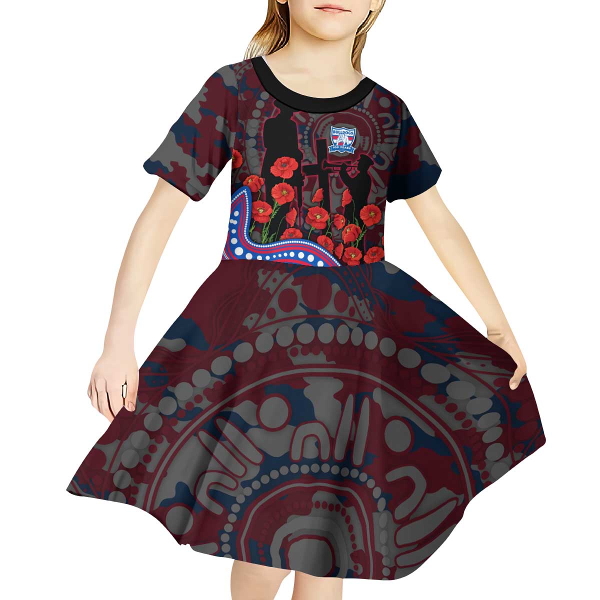Western Bulldogs ANZAC Day Kid Short Sleeve Dress Indigenous Dot Art with Poppy Flower Tribute