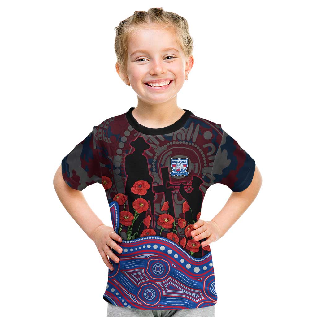 Western Bulldogs ANZAC Day Kid T Shirt Indigenous Dot Art with Poppy Flower Tribute