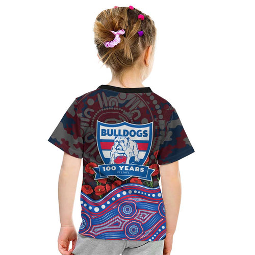 Western Bulldogs ANZAC Day Kid T Shirt Indigenous Dot Art with Poppy Flower Tribute