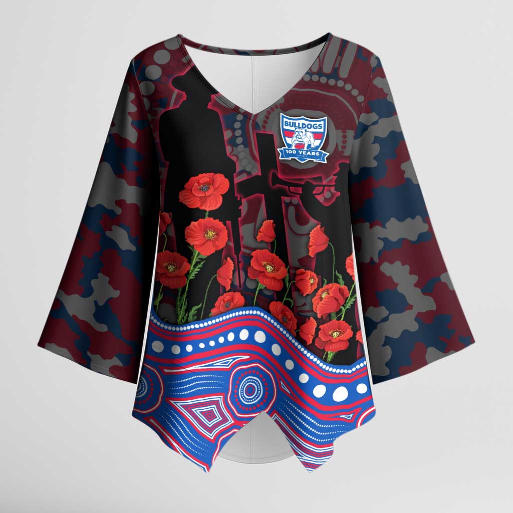 Western Bulldogs ANZAC Day Kimono Sleeve Blouse Indigenous Dot Art with Poppy Flower Tribute