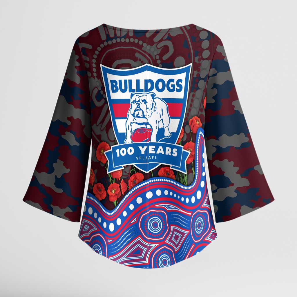 Western Bulldogs ANZAC Day Kimono Sleeve Blouse Indigenous Dot Art with Poppy Flower Tribute