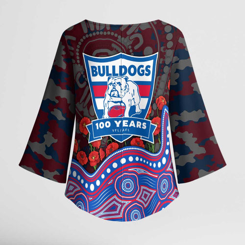 Western Bulldogs ANZAC Day Kimono Sleeve Blouse Indigenous Dot Art with Poppy Flower Tribute