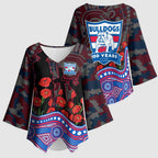 Western Bulldogs ANZAC Day Kimono Sleeve Blouse Indigenous Dot Art with Poppy Flower Tribute