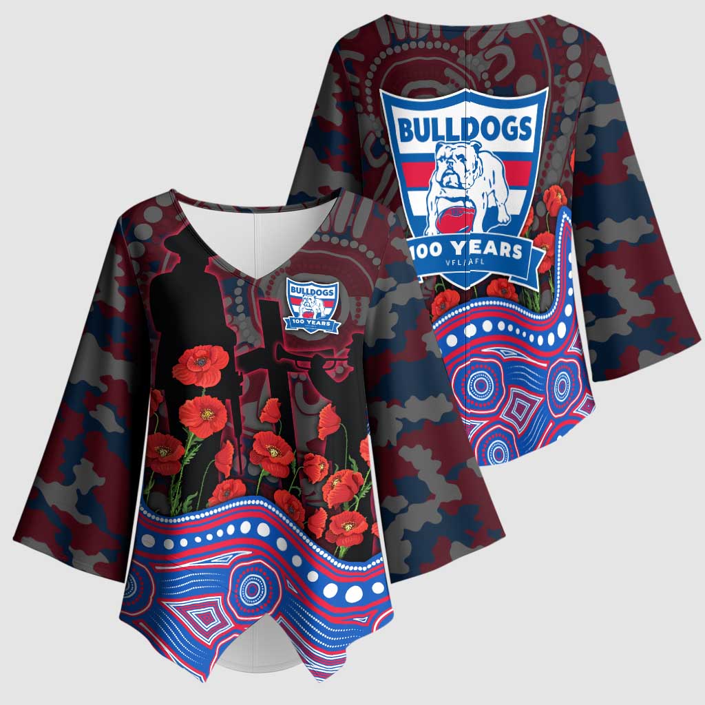Western Bulldogs ANZAC Day Kimono Sleeve Blouse Indigenous Dot Art with Poppy Flower Tribute