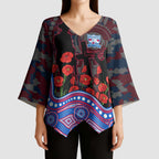 Western Bulldogs ANZAC Day Kimono Sleeve Blouse Indigenous Dot Art with Poppy Flower Tribute