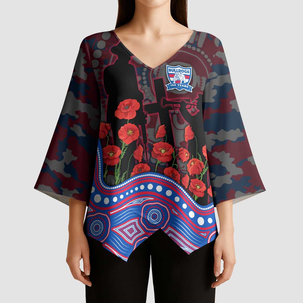 Western Bulldogs ANZAC Day Kimono Sleeve Blouse Indigenous Dot Art with Poppy Flower Tribute