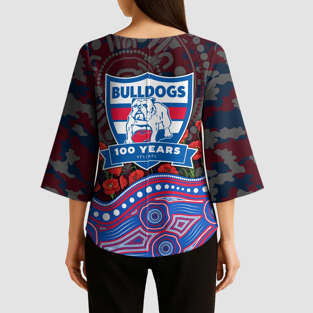 Western Bulldogs ANZAC Day Kimono Sleeve Blouse Indigenous Dot Art with Poppy Flower Tribute
