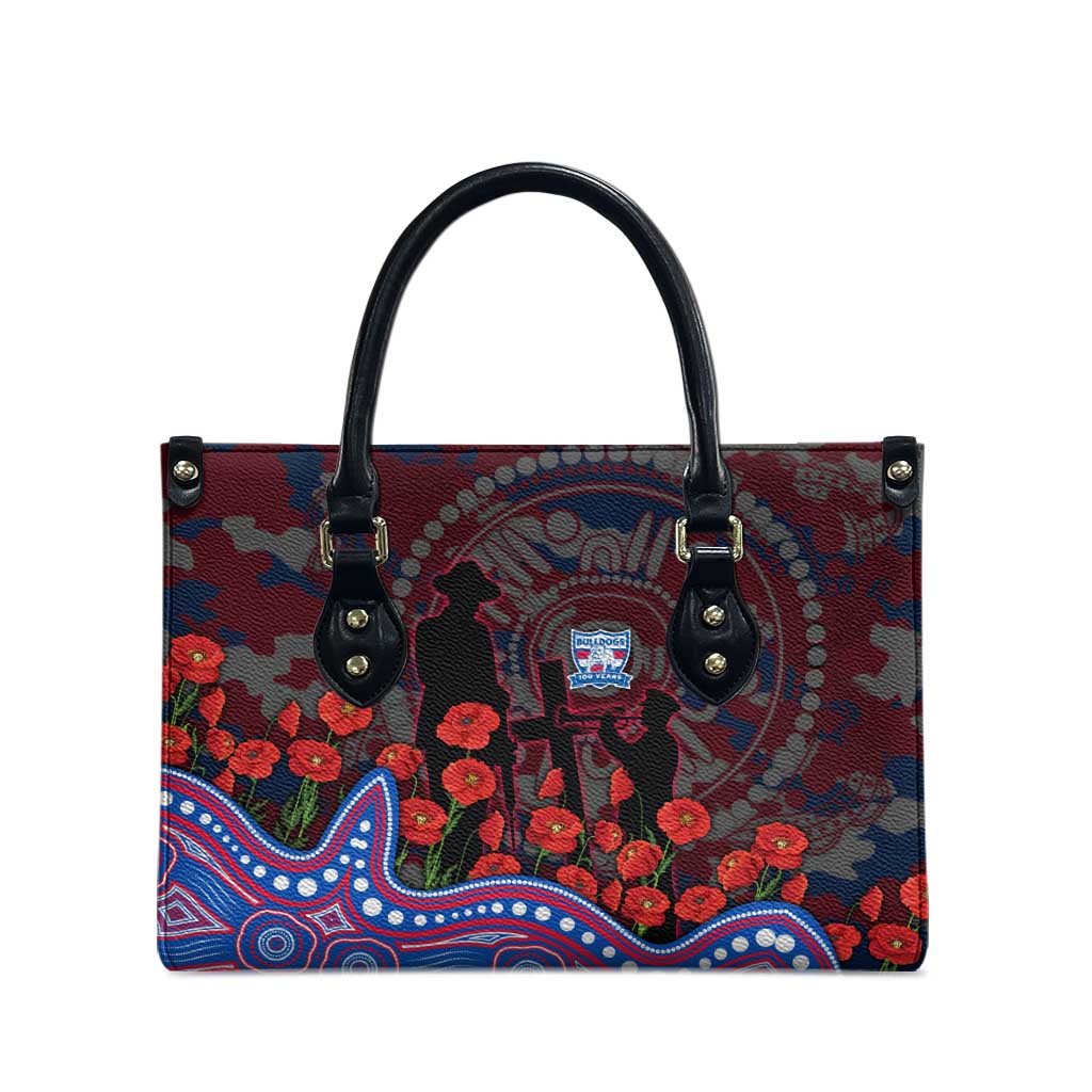 Western Bulldogs ANZAC Day Leather Bag Indigenous Dot Art with Poppy Flower Tribute