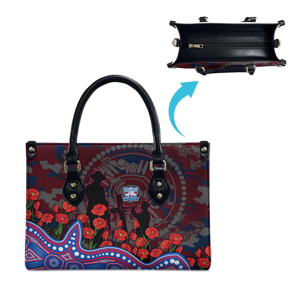 Western Bulldogs ANZAC Day Leather Bag Indigenous Dot Art with Poppy Flower Tribute