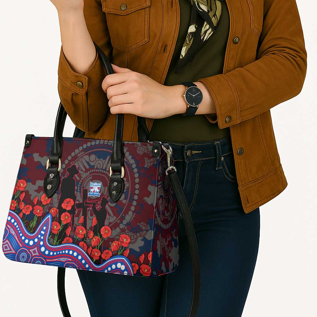 Western Bulldogs ANZAC Day Leather Bag Indigenous Dot Art with Poppy Flower Tribute