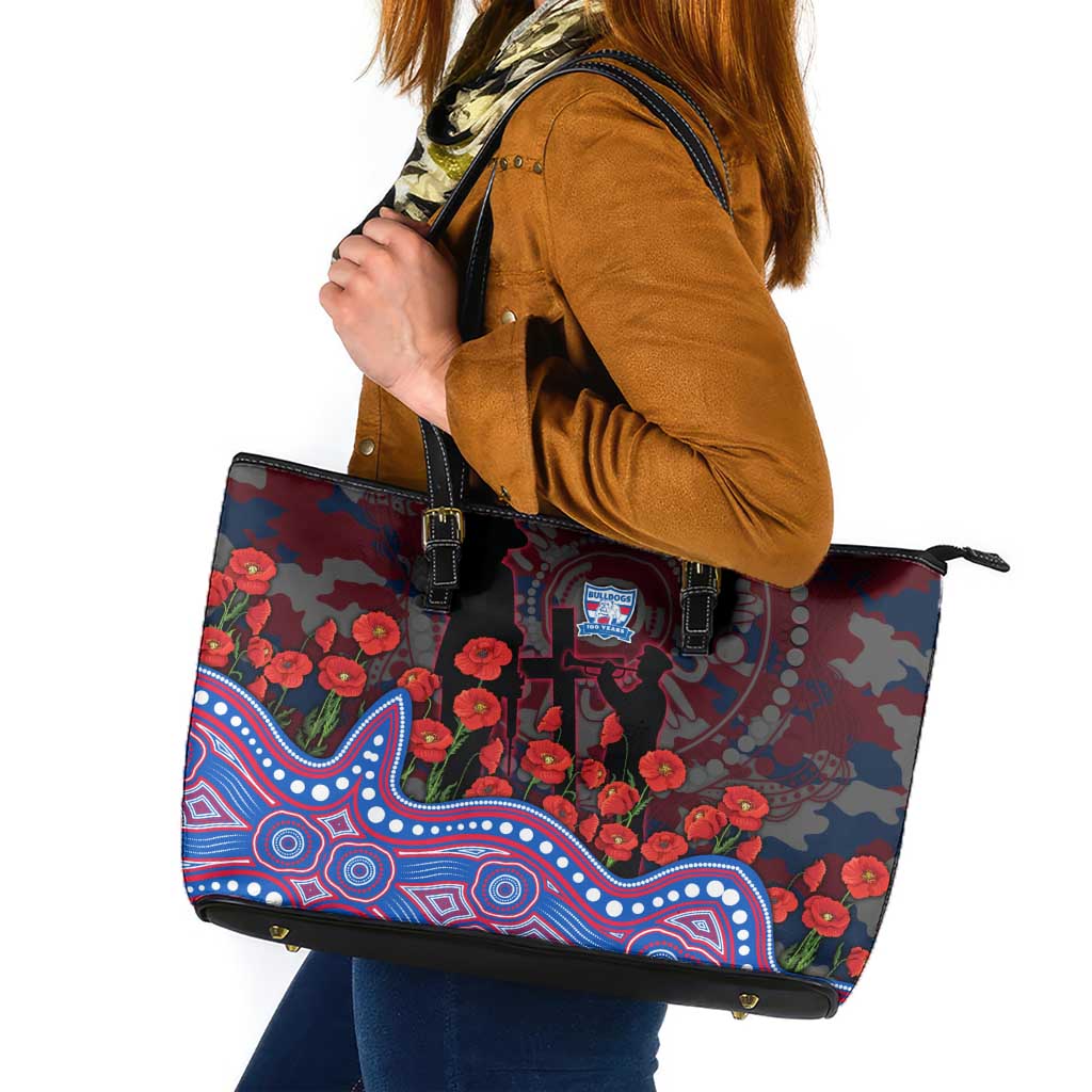 Western Bulldogs ANZAC Day Leather Tote Bag Indigenous Dot Art with Poppy Flower Tribute