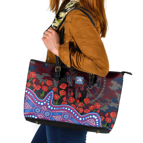Western Bulldogs ANZAC Day Leather Tote Bag Indigenous Dot Art with Poppy Flower Tribute
