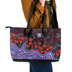 Western Bulldogs ANZAC Day Leather Tote Bag Indigenous Dot Art with Poppy Flower Tribute