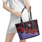 Western Bulldogs ANZAC Day Leather Tote Bag Indigenous Dot Art with Poppy Flower Tribute