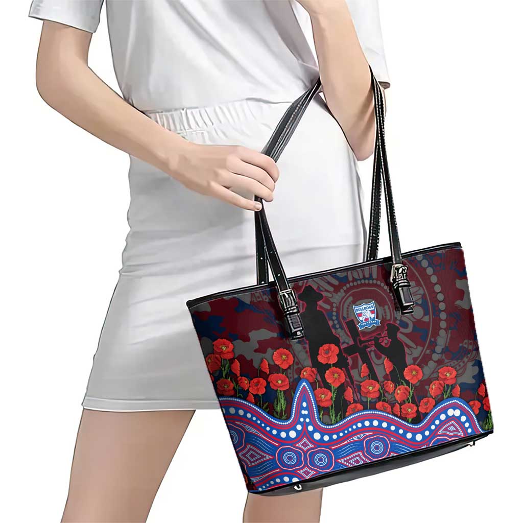 Western Bulldogs ANZAC Day Leather Tote Bag Indigenous Dot Art with Poppy Flower Tribute
