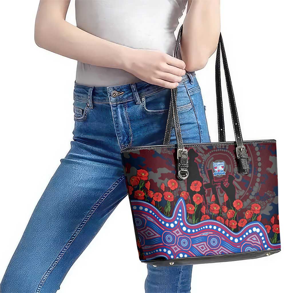 Western Bulldogs ANZAC Day Leather Tote Bag Indigenous Dot Art with Poppy Flower Tribute