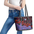 Western Bulldogs ANZAC Day Leather Tote Bag Indigenous Dot Art with Poppy Flower Tribute