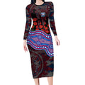 Western Bulldogs ANZAC Day Long Sleeve Bodycon Dress Indigenous Dot Art with Poppy Flower Tribute