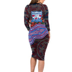 Western Bulldogs ANZAC Day Long Sleeve Bodycon Dress Indigenous Dot Art with Poppy Flower Tribute