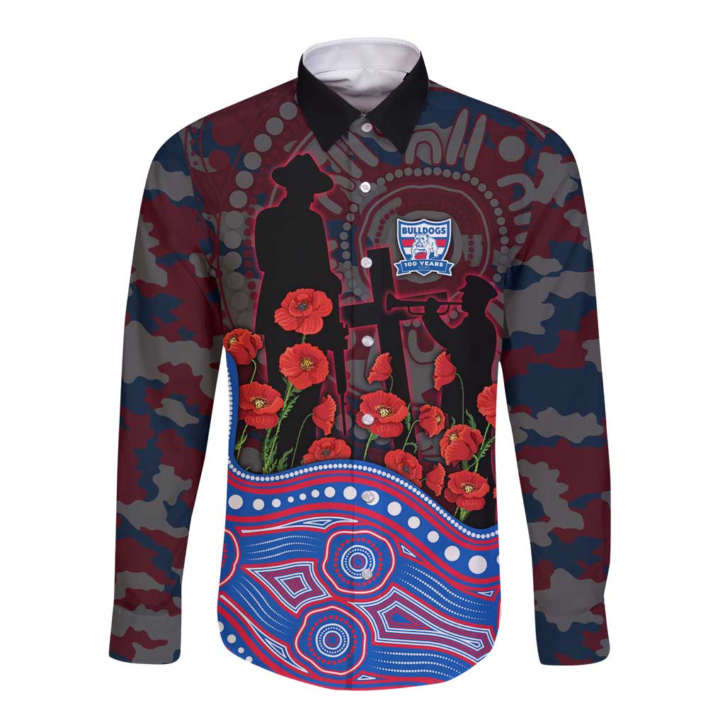 Western Bulldogs ANZAC Day Long Sleeve Button Shirt Indigenous Dot Art with Poppy Flower Tribute