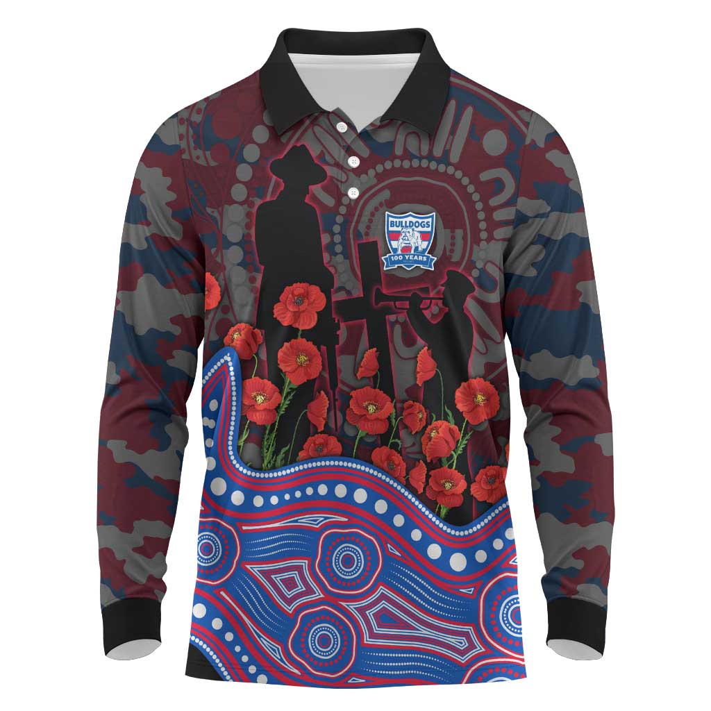 Western Bulldogs ANZAC Day Long Sleeve Polo Shirt Indigenous Dot Art with Poppy Flower Tribute