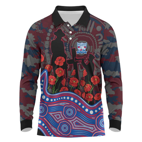 Western Bulldogs ANZAC Day Long Sleeve Polo Shirt Indigenous Dot Art with Poppy Flower Tribute