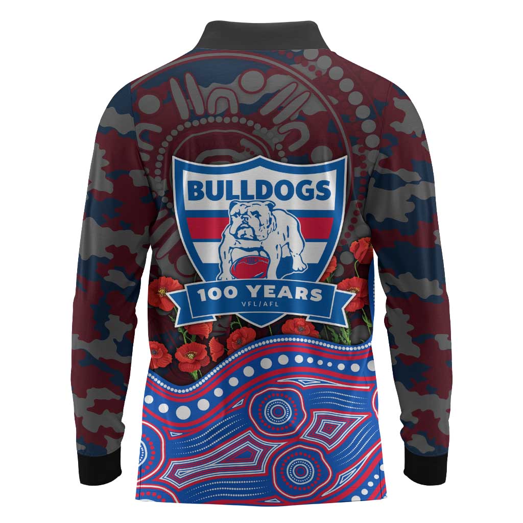 Western Bulldogs ANZAC Day Long Sleeve Polo Shirt Indigenous Dot Art with Poppy Flower Tribute