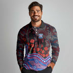 Western Bulldogs ANZAC Day Long Sleeve Polo Shirt Indigenous Dot Art with Poppy Flower Tribute
