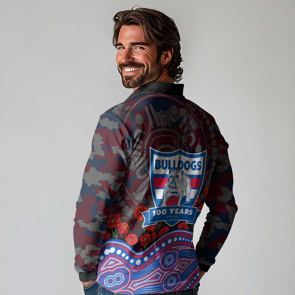 Western Bulldogs ANZAC Day Long Sleeve Polo Shirt Indigenous Dot Art with Poppy Flower Tribute
