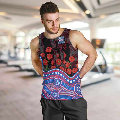 Western Bulldogs ANZAC Day Men Tank Top Indigenous Dot Art with Poppy Flower Tribute