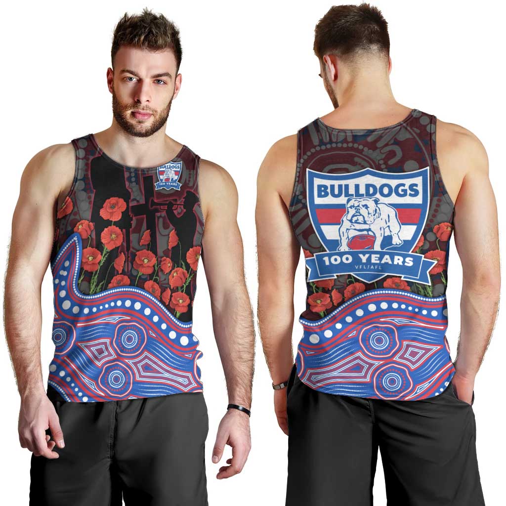Western Bulldogs ANZAC Day Men Tank Top Indigenous Dot Art with Poppy Flower Tribute