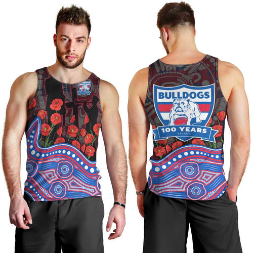 Western Bulldogs ANZAC Day Men Tank Top Indigenous Dot Art with Poppy Flower Tribute