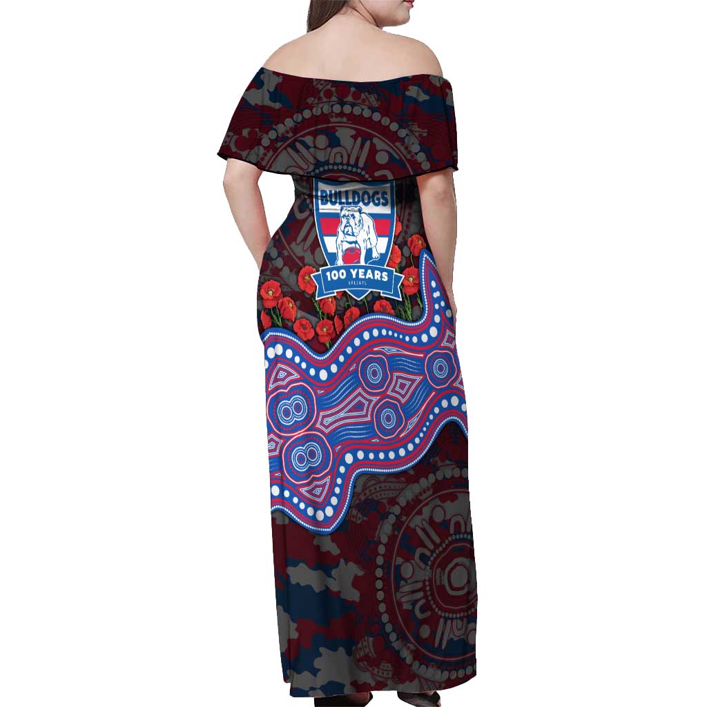 Western Bulldogs ANZAC Day Off Shoulder Maxi Dress Indigenous Dot Art with Poppy Flower Tribute