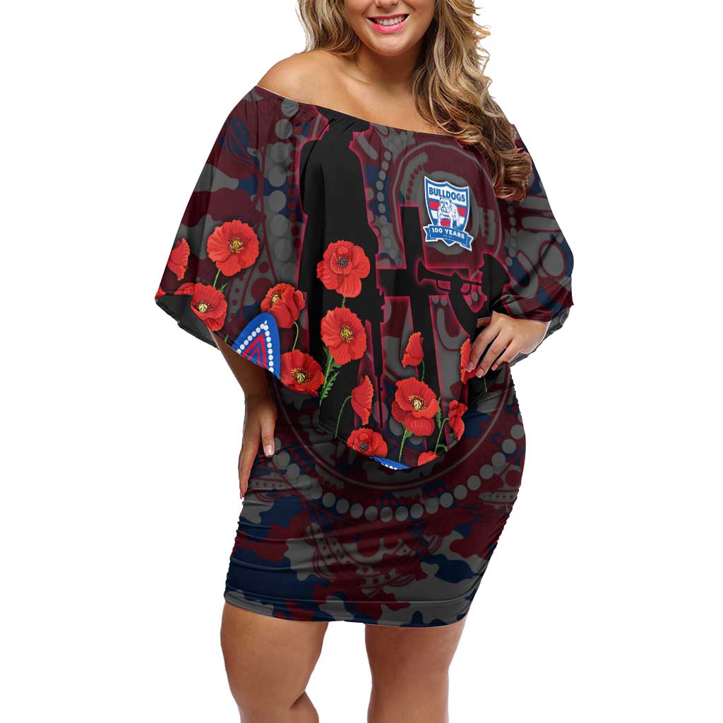 Western Bulldogs ANZAC Day Off Shoulder Short Dress Indigenous Dot Art with Poppy Flower Tribute