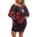 Western Bulldogs ANZAC Day Off Shoulder Short Dress Indigenous Dot Art with Poppy Flower Tribute